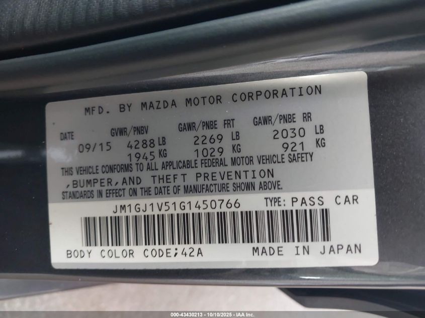 2016 Mazda Mazda6 I Touring VIN: JM1GJ1V51G1450766 Lot: 43430213