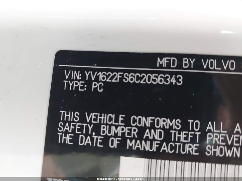 2012 Volvo S60 T5 VIN: YV1622FS6C2056343 Lot: 43430215