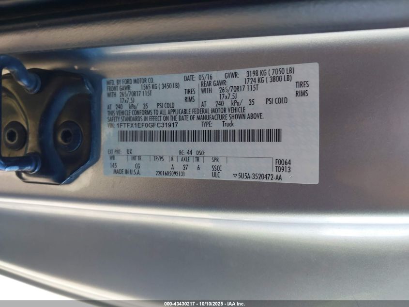 2016 Ford F-150 Xl VIN: 1FTFX1EF0GFC31917 Lot: 43430217