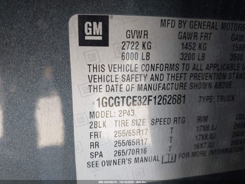 2015 Chevrolet Colorado Z71 VIN: 1GCGTCE32F1262681 Lot: 43430219