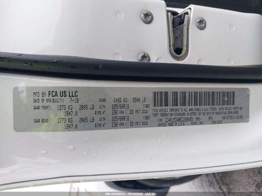 2019 Jeep Cherokee Limited 4X4 VIN: 1C4PJMDX8KD239429 Lot: 43430233