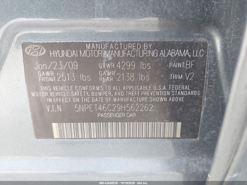 2009 Hyundai Sonata Gls VIN: 5NPET46C29H562262 Lot: 43430238