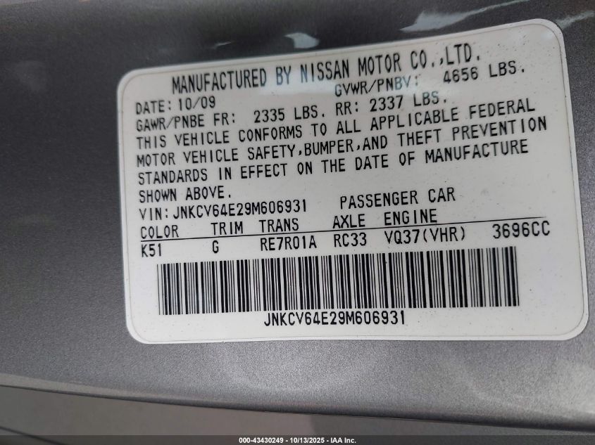 2009 Infiniti G37 Journey VIN: JNKCV64E29M606931 Lot: 43430249