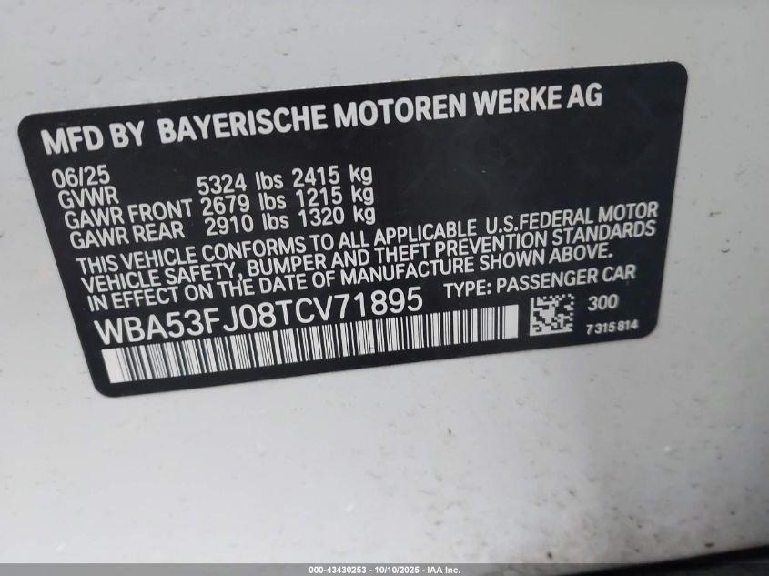2026 BMW 530I xDrive VIN: WBA53FJ08TCV71895 Lot: 43430253
