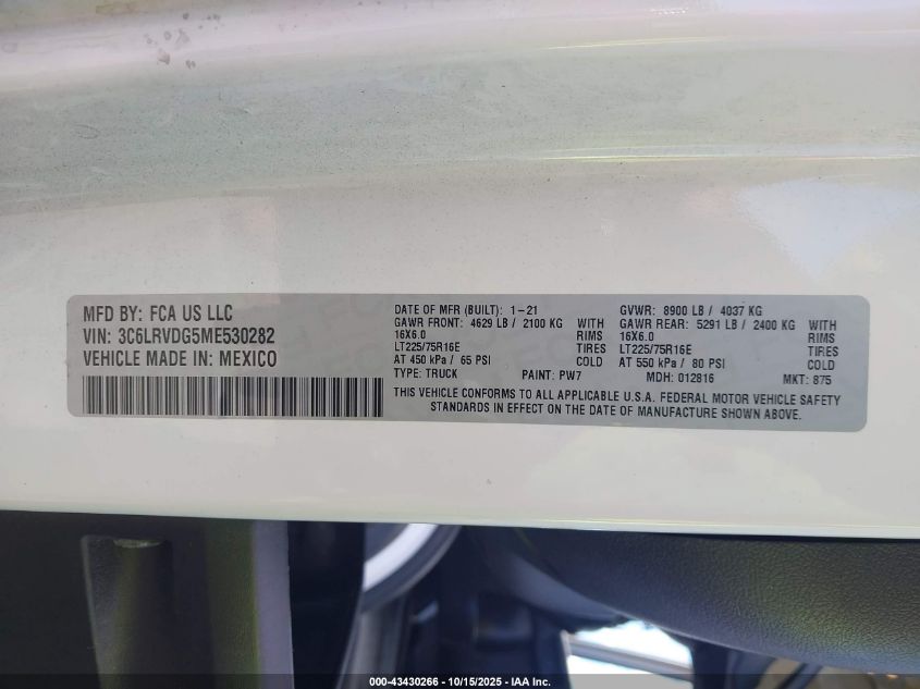 2021 Ram Promaster 2500 High Roof 159 Wb VIN: 3C6LRVDG5ME530282 Lot: 43430266