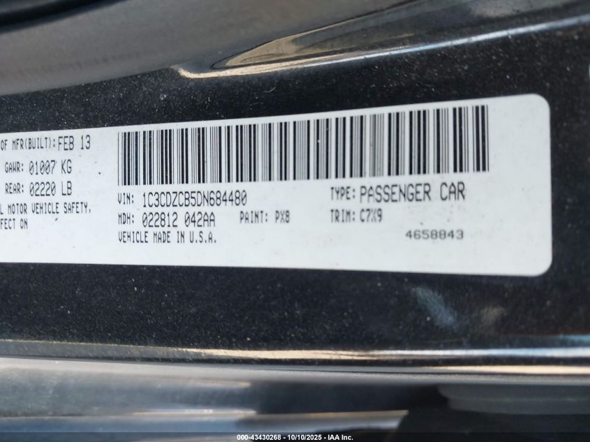 2013 Dodge Avenger Sxt VIN: 1C3CDZCB5DN684480 Lot: 43430268