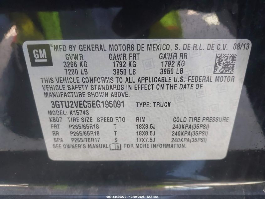 2014 GMC Sierra 1500 Slt VIN: 3GTU2VEC5EG195091 Lot: 43430272