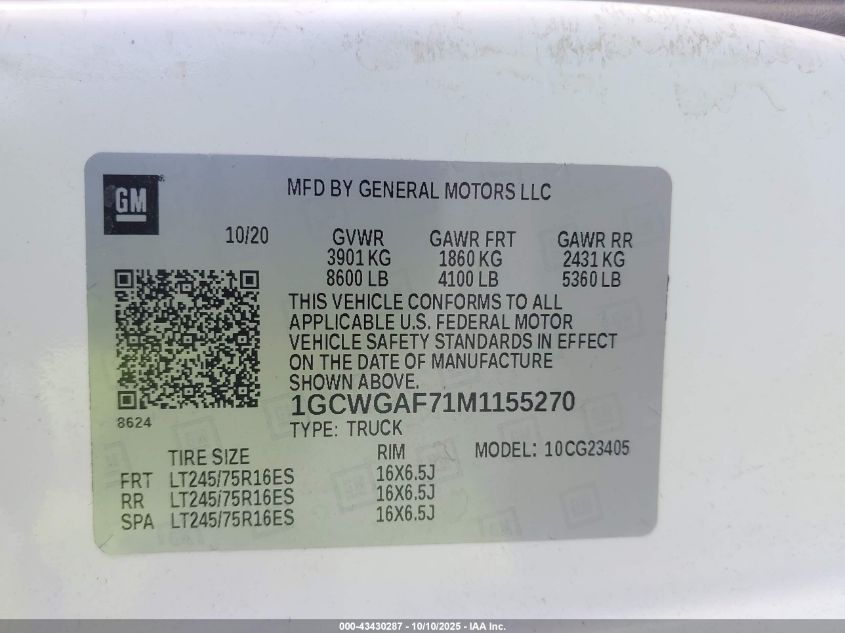 2021 Chevrolet Express Cargo Rwd 2500 Regular Wheelbase Wt VIN: 1GCWGAF71M1155270 Lot: 43430287