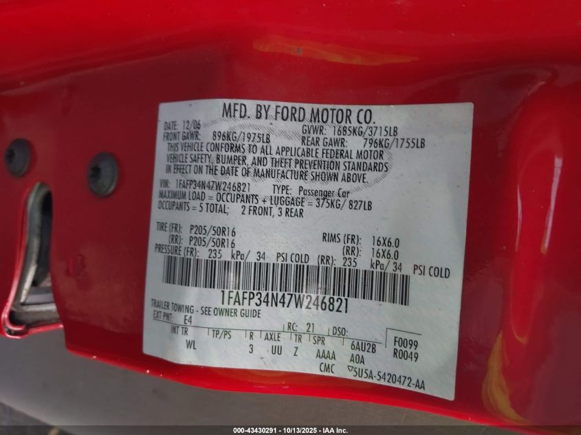 2007 Ford Focus S/Se/Ses VIN: 1FAFP34N47W246821 Lot: 43430291