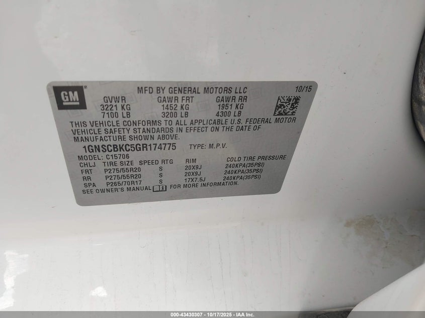 2016 CHEVROLET TAHOE LT 1GNSCBKC5GR174775