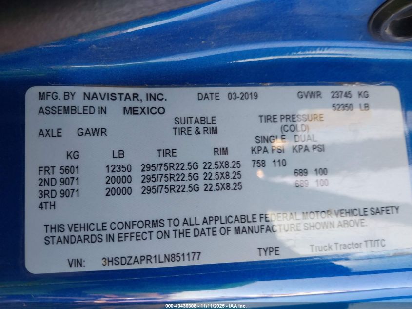 2020 International Lt VIN: 3HSDZAPR1LN851177 Lot: 43430308