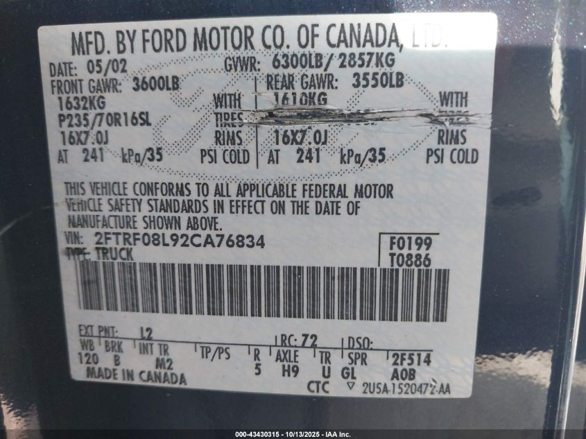 2002 Ford F-150 Xl/Xlt VIN: 2FTRF08L92CA76834 Lot: 43430315