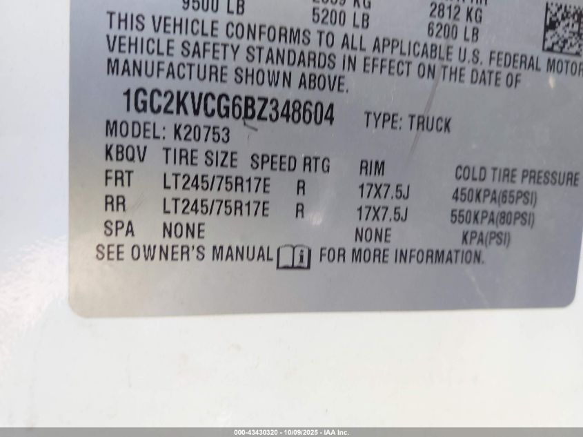 2011 Chevrolet Silverado 2500Hd Work Truck VIN: 1GC2KVCG6BZ348604 Lot: 43430320