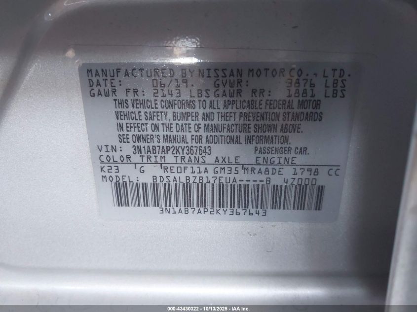 2019 Nissan Sentra S VIN: 3N1AB7AP2KY367643 Lot: 43430322