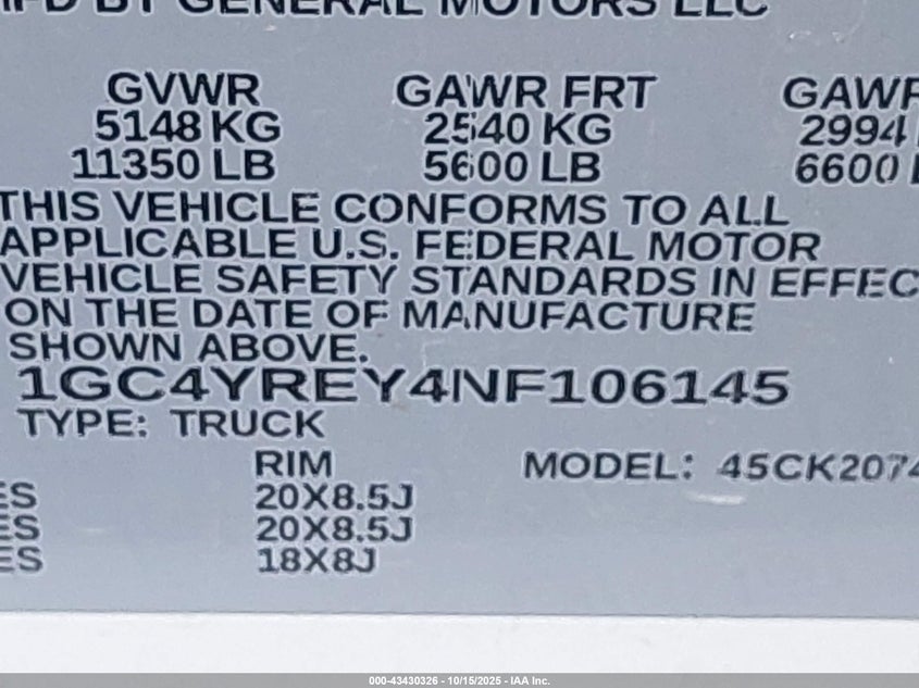 2022 CHEVROLET SILVERADO 2500HD(VIN: 1GC4YREY4NF106145