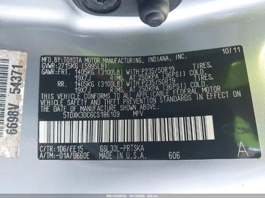 2012 Toyota Sienna Se 8 Passenger VIN: 5TDXK3DC6CS186109 Lot: 43430332