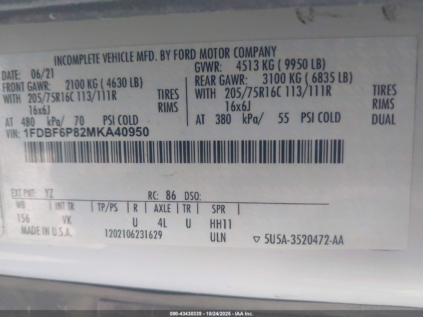 2021 Ford Transit-350 Cutaway VIN: 1FDBF6P82MKA40950 Lot: 43430339