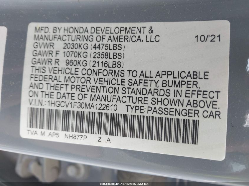 2021 Honda Accord Sport VIN: 1HGCV1F30MA122610 Lot: 43430342