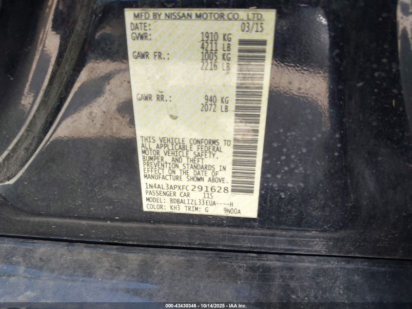 2015 Nissan Altima 2.5 Sv VIN: 1N4AL3APXFC291628 Lot: 43430346