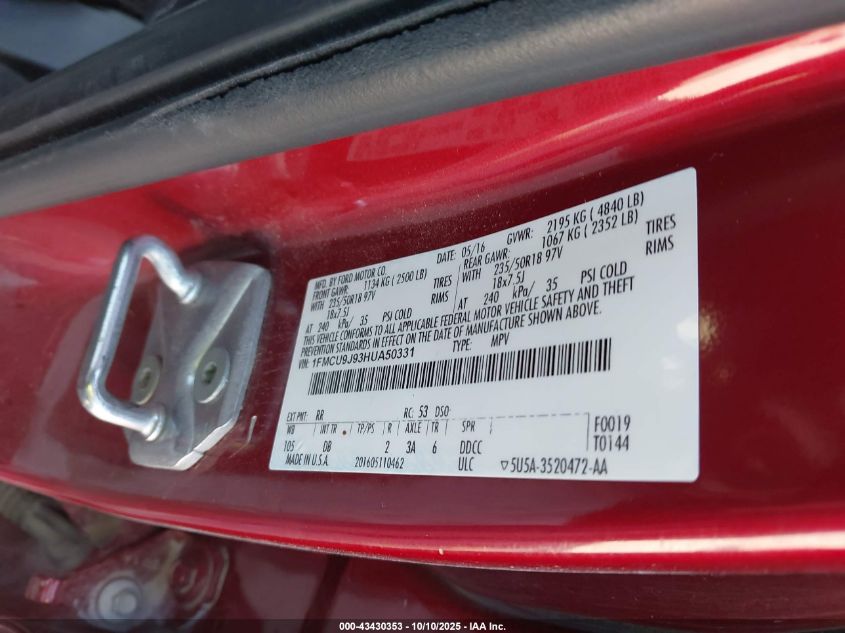 2017 Ford Escape Titanium VIN: 1FMCU9J93HUA50331 Lot: 43430353