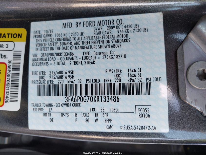 2019 Ford Fusion S VIN: 3FA6P0G70KR133486 Lot: 43430375