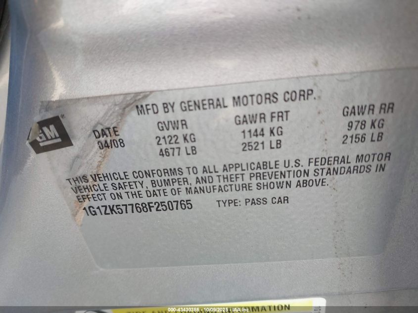 2008 Chevrolet Malibu Ltz VIN: 1G1ZK57768F250765 Lot: 43430386