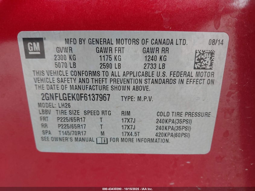 2015 CHEVROLET EQUINOX 2LT 2GNFLGEK0F6137967