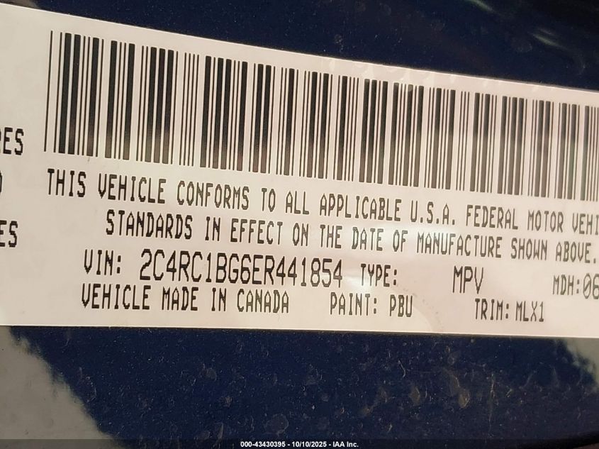 2014 Chrysler Town & Country Touring VIN: 2C4RC1BG6ER441854 Lot: 43430395