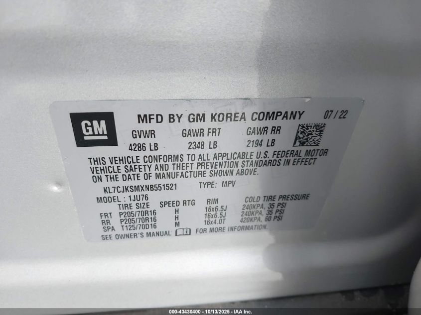 2022 Chevrolet Trax Fwd Ls VIN: KL7CJKSMXNB551521 Lot: 43430400