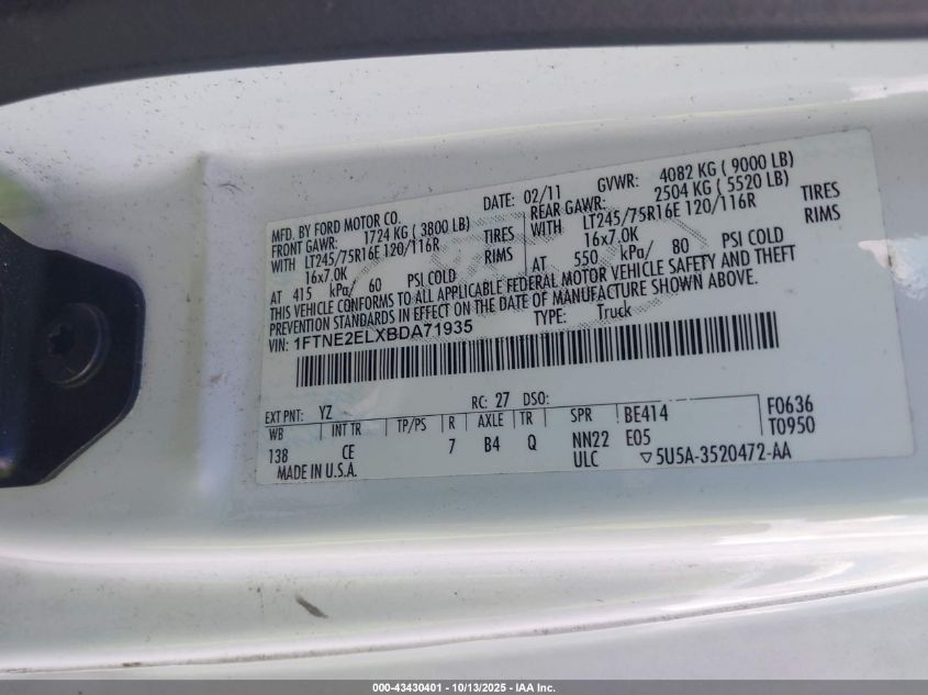 2011 Ford E-250 Commercial VIN: 1FTNE2ELXBDA71935 Lot: 43430401