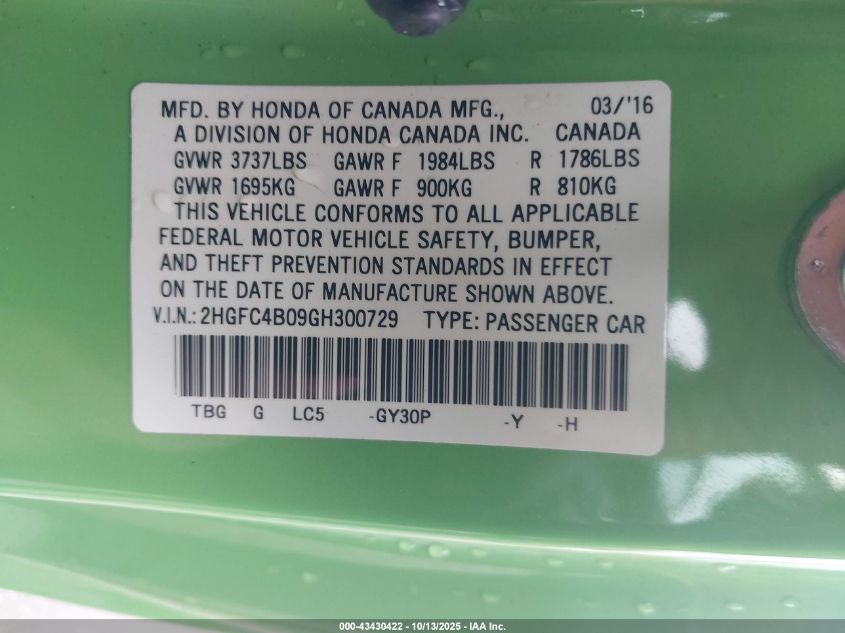 2016 Honda Civic Lx-P VIN: 2HGFC4B09GH300729 Lot: 43430422