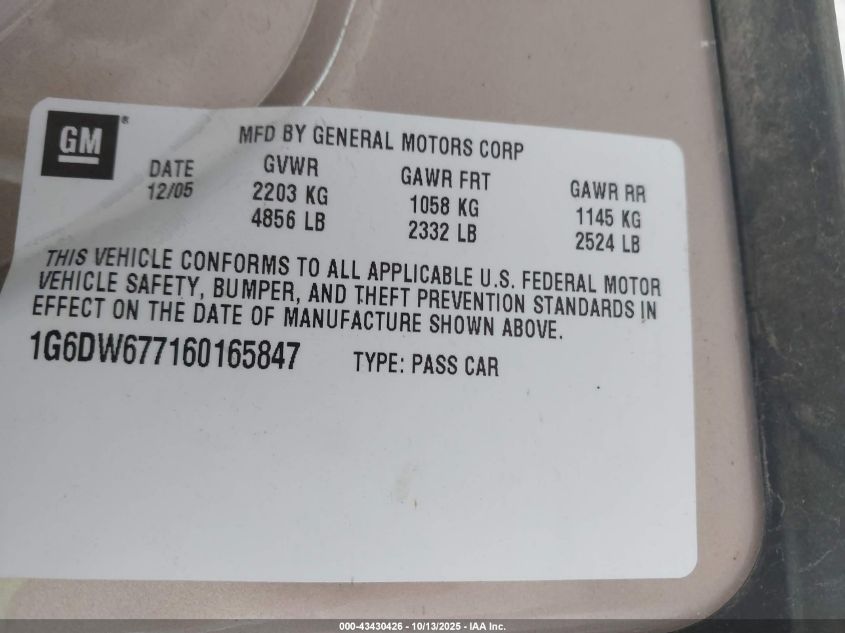 2006 Cadillac Sts V6 VIN: 1G6DW677160165847 Lot: 43430426