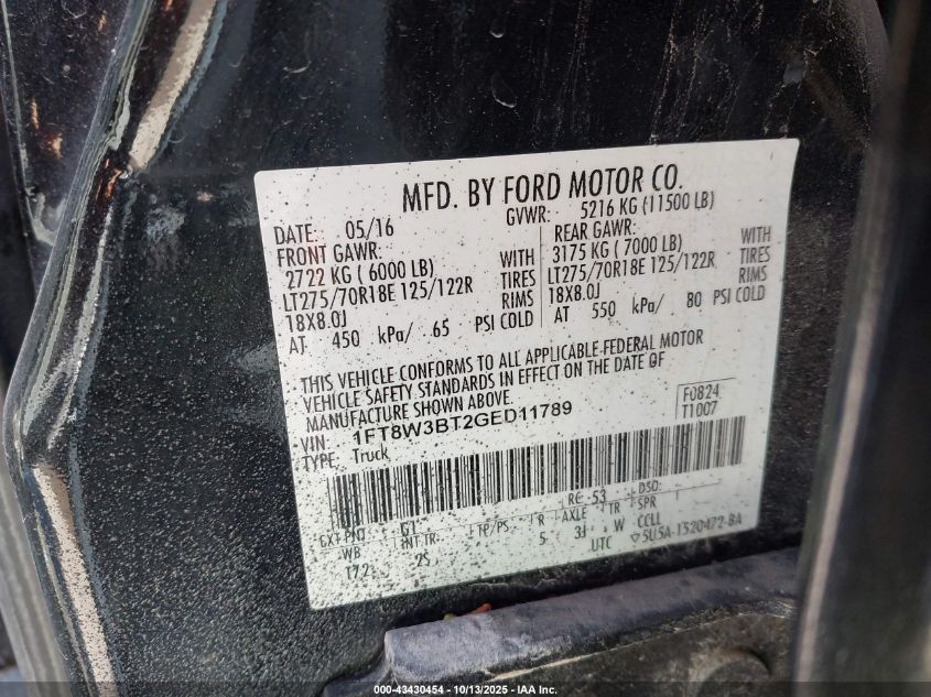 2016 Ford F-350 Xlt VIN: 1FT8W3BT2GED11789 Lot: 43430454