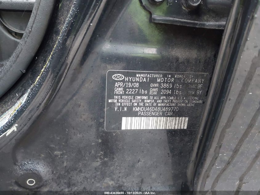 2008 Hyundai Elantra Gls/Se VIN: KMHDU46D48U489770 Lot: 43430455