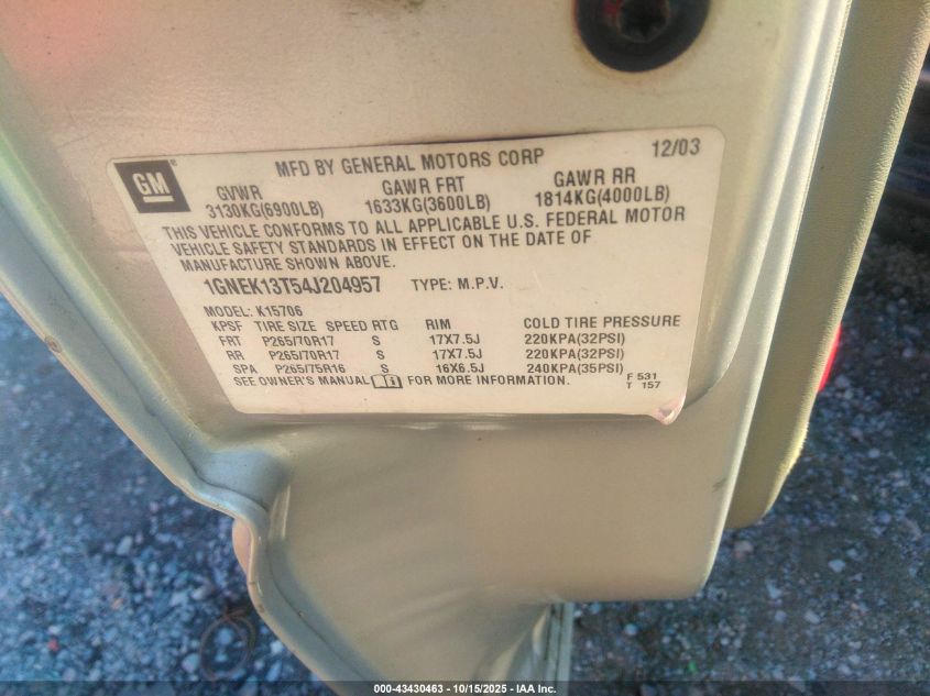 2004 Chevrolet Tahoe Lt VIN: 1GNEK13T54J204957 Lot: 43430463