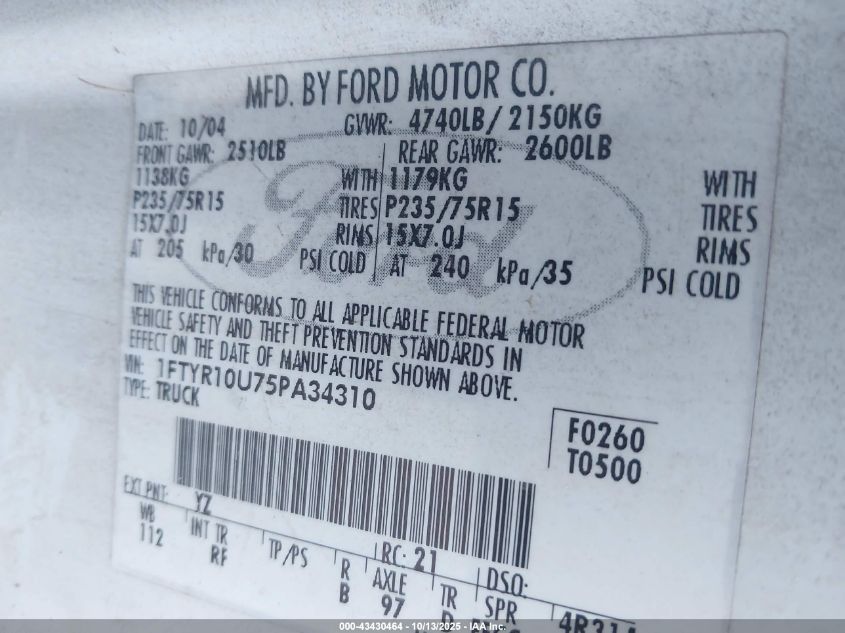 2005 Ford Ranger Edge/Stx/Xl/Xls/Xlt VIN: 1FTYR10U75PA34310 Lot: 43430464