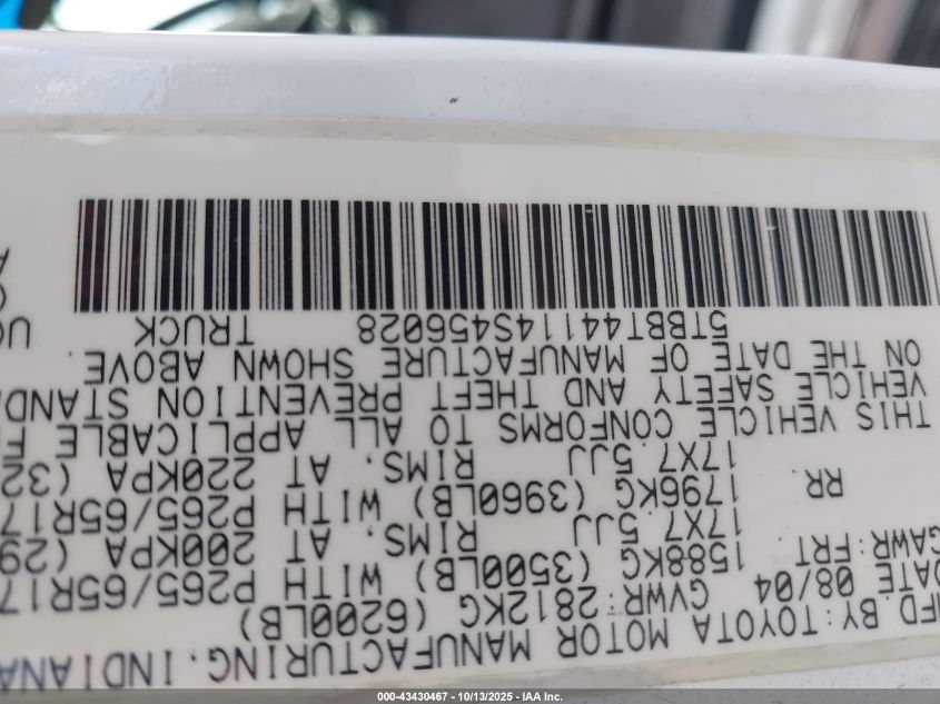 2004 Toyota Tundra Sr5 V8 VIN: 5TBBT44114S456028 Lot: 43430467