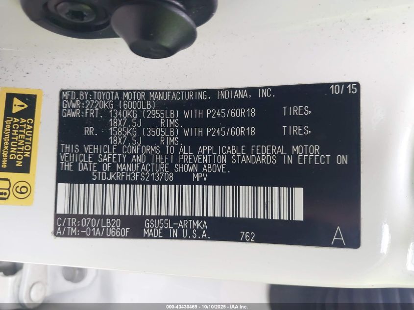 2015 Toyota Highlander Xle V6 VIN: 5TDJKRFH3FS213708 Lot: 43430469