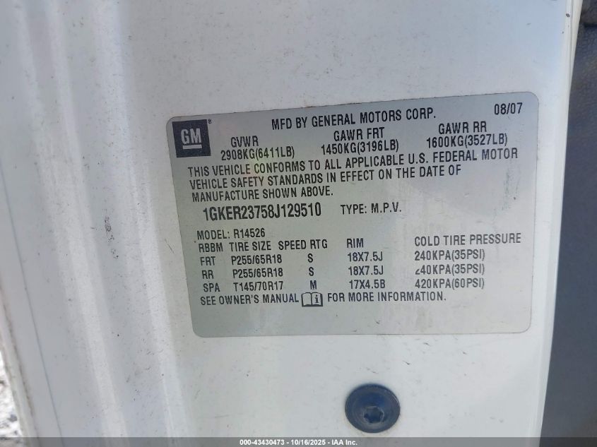 2008 GMC Acadia Slt-1 VIN: 1GKER23758J129510 Lot: 43430473