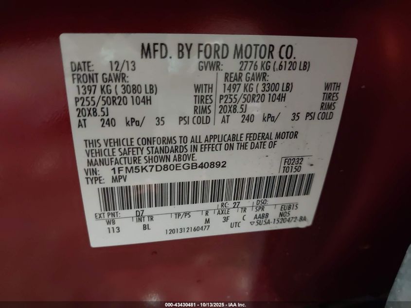 2014 Ford Explorer Xlt VIN: 1FM5K7D80EGB40892 Lot: 43430481