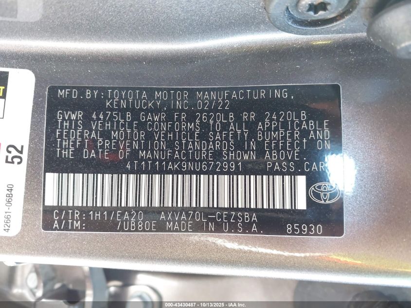 2022 Toyota Camry Se VIN: 4T1T11AK9NU672991 Lot: 43430487