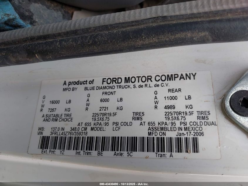 2006 Ford Lcf 645A VIN: 3FRLL45Z76V359318 Lot: 43430490