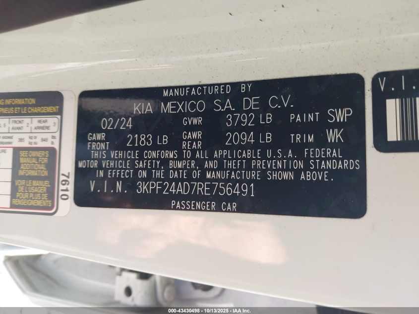 2024 Kia Forte Lxs VIN: 3KPF24AD7RE756491 Lot: 43430498