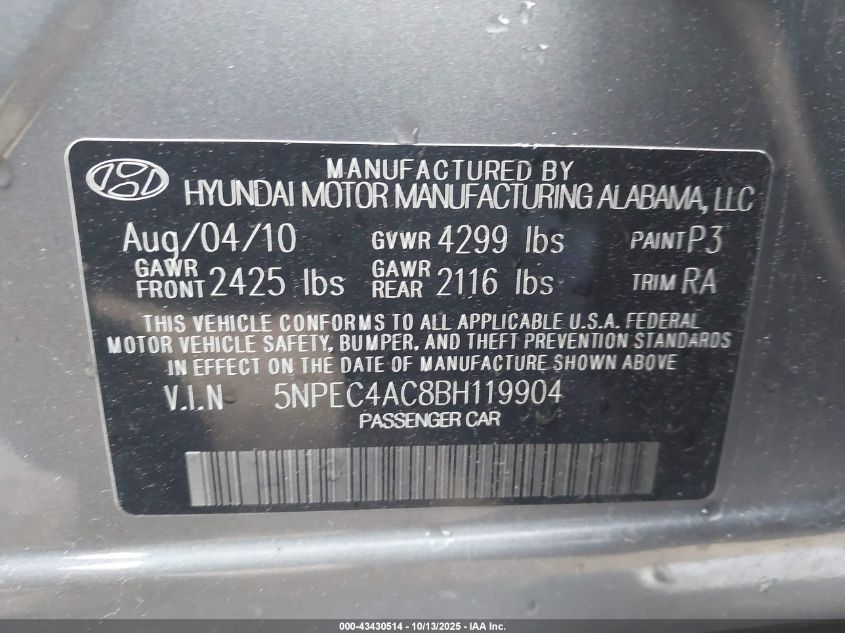 2011 Hyundai Sonata Se VIN: 5NPEC4AC8BH119904 Lot: 43430514