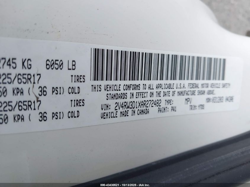 2010 Volkswagen Routan Se VIN: 2V4RW3D1XAR272482 Lot: 43430521