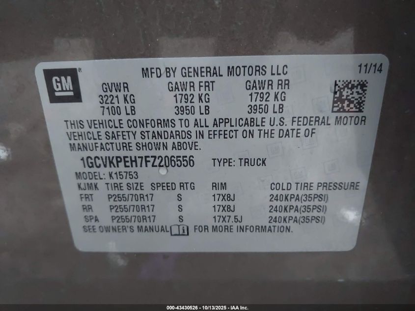 2015 Chevrolet Silverado 1500 Wt VIN: 1GCVKPEH7FZ206556 Lot: 43430526