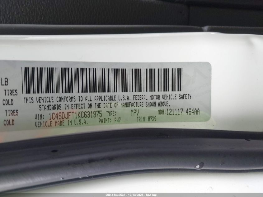 2019 Dodge Durango Pursuit Awd VIN: 1C4SDJFT1KC631975 Lot: 43430538