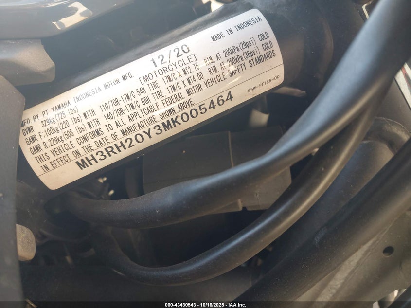 2021 Yamaha Mt-03 VIN: MH3RH20Y3MK005464 Lot: 43430543