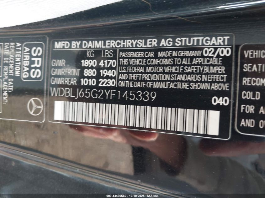 2000 Mercedes-Benz Clk 320 VIN: WDBLJ65G2YF145339 Lot: 43430560