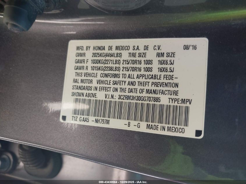 2016 Honda Cr-V Lx VIN: 3CZRM3H30GG707885 Lot: 43430564